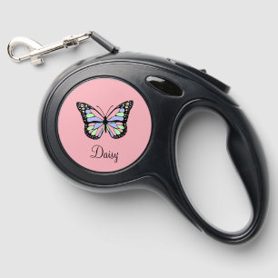 Cute Pink with Butterfly and Dog's Name Script Retractable Pet Leash
