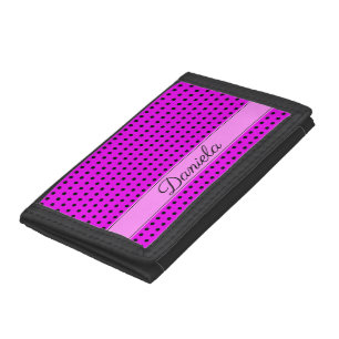 Cute Pink With Chic Black Polka Dots, Custom Name Tri-fold Wallet