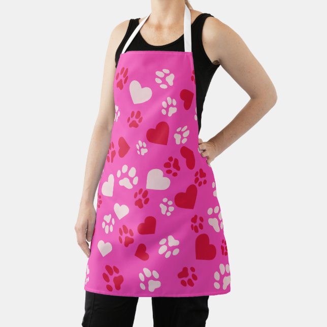 Cute Pink with Heart and Cat Paw Prints Pattern Apron (Insitu)