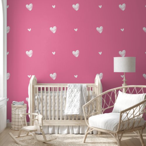 Cute Pink with White Hand Drawn Hearts Pattern Wallpaper