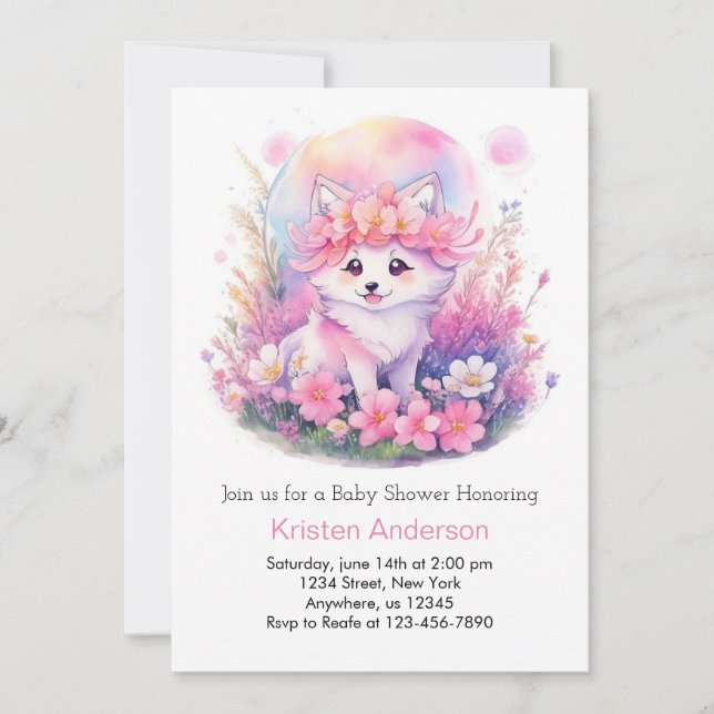 Cute Pink Wolf Pup Girl Baby Shower Invitation (Front)