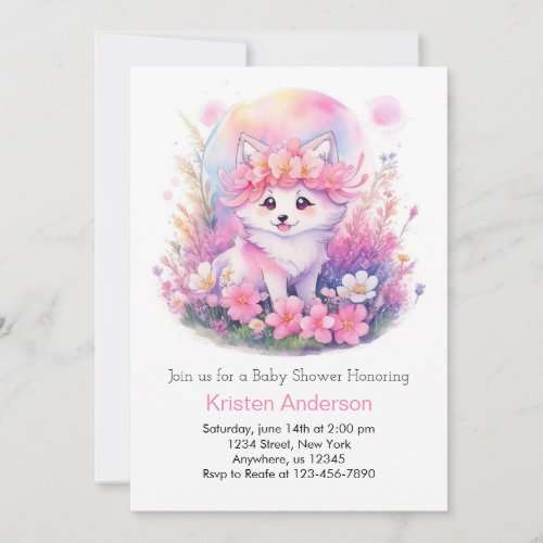 Cute Pink Wolf Pup Girl Baby Shower Invitation