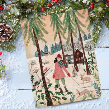 Cute Pink Woman & Rabbit Snow Village Holiday Postcard by CartitaDesign at Zazzle