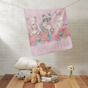 Cute Pink Woodland Animals Baby Nursery Blanket