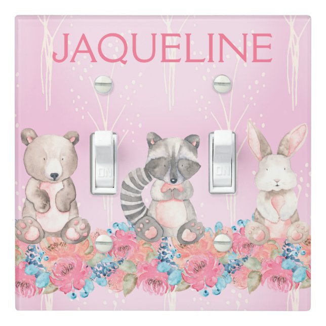 Cute Pink Woodland Animals Baby Nursery  Light Switch Cover (In Situ)