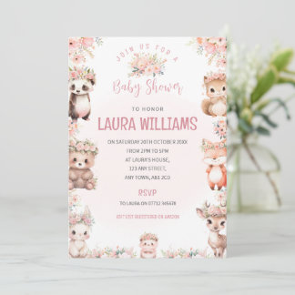 Cute Pink Woodland Animals Baby Shower Invitation