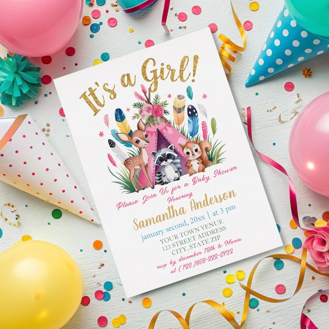 Cute Pink Woodland Animals Boho Girl Baby Shower  Foil Invitation (Creator Uploaded)