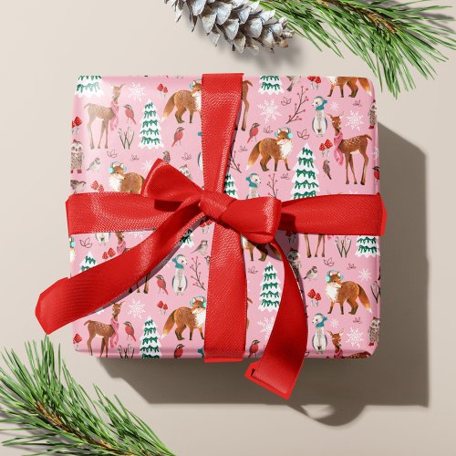 Cute Pink Woodland Animals Christmas Holiday Wrapping Paper