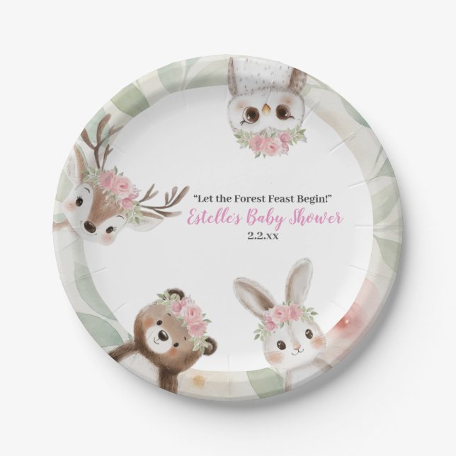 Cute Pink Woodland Animals Girl Baby Shower  Paper Plates (Front)