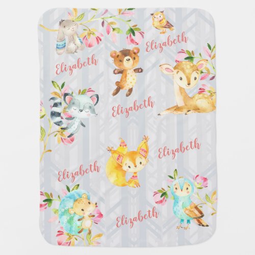 Cute Pink Woodland Animals Girl Forest Floral Baby Blanket