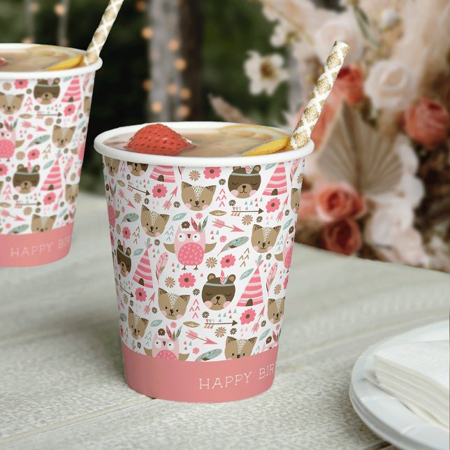 Cute Pink Woodland Animals Personalized Birthday Paper Cups (Creator Uploaded)