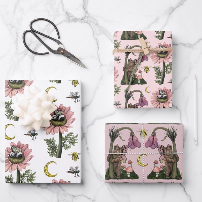Cute Pink Woodland Bear Fairies Mushroom Forest  Wrapping Paper Sheets (Front)