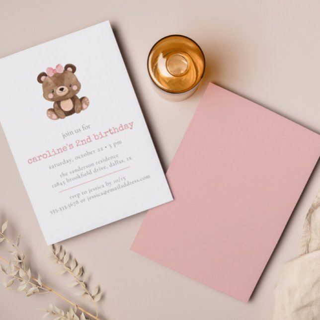 Cute Pink Woodland Bear Girl Birthday Invitation (Creator Uploaded)