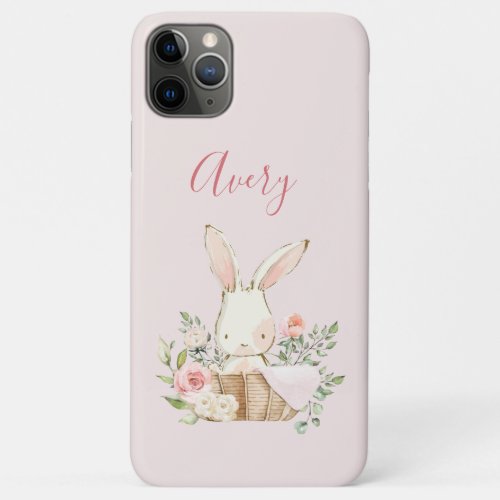 Cute Pink Woodland Watercolor Bunny in Basket iPhone 11 Pro Max Case