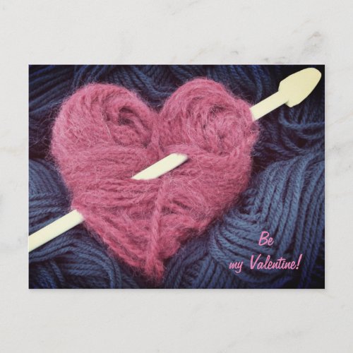 Cute pink wool heart with knitting needle postcard