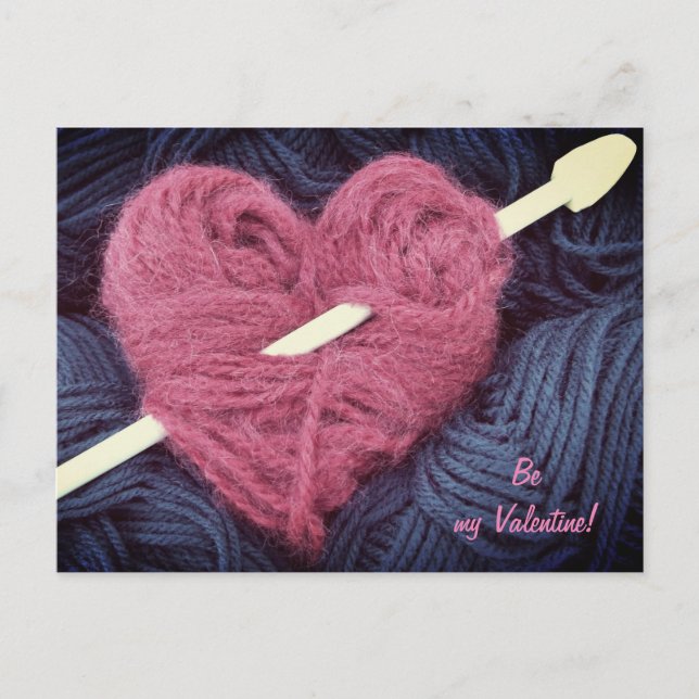 Cute pink wool heart with knitting needle postcard (Front)