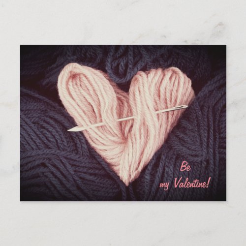 Cute pink wool heart with tapestry needle postcard