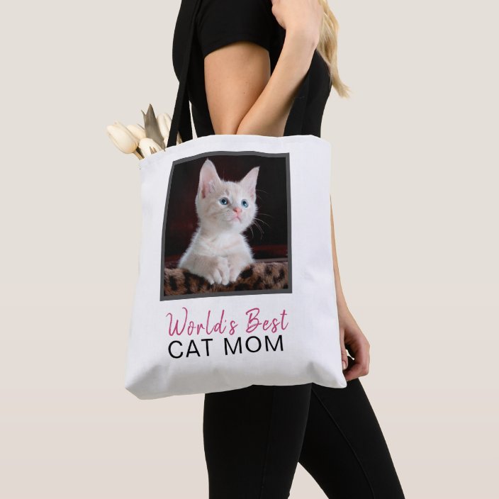 Cute Pink World S Best Cat Mom Square Cat Photo Tote Bag