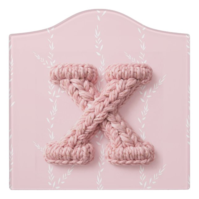 Cute pink X monogram initial crocheted letter boho Door Sign (Large Crest Front)