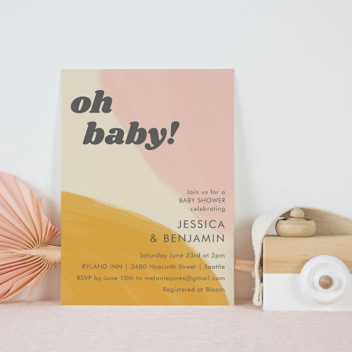 Cute Pink Yellow Abstract Watercolor Baby Shower Invitation