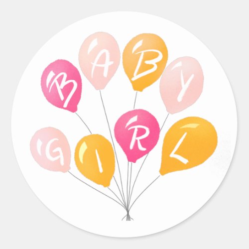 Cute Pink Yellow Balloons Baby Girl Baby Shower Classic Round Sticker