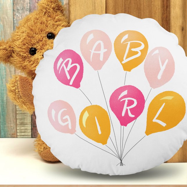 Cute Pink Yellow Balloons Baby Girl Baby Shower Round Pillow (Creator Uploaded)