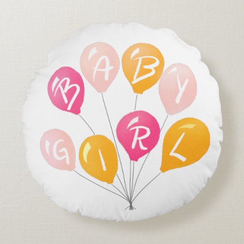 Cute Pink Yellow Balloons Baby Girl Baby Shower Round Pillow