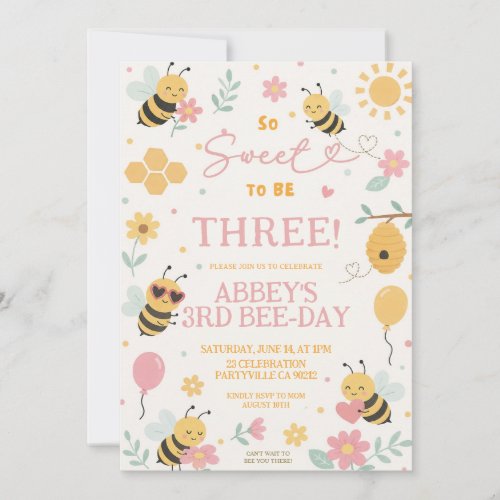 Cute Pink Yellow Bee Birthday any age birthday in Invitation