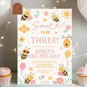 Cute Pink Yellow Bee Birthday  any age birthday in Invitation