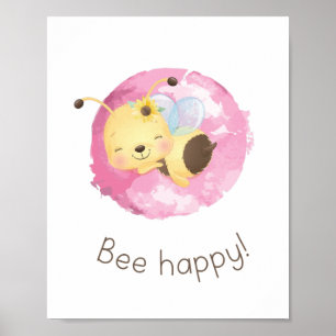 Cute Pink/Yellow Bee Happy Nursery Girls Wall Art