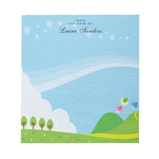 Cute Pink Yellow Blue Bird Personalized Notepad (Front)