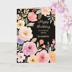  Cute Pink Yellow Blue Flowers  Sister's Birthday Card