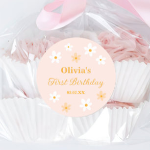 Cute Pink Yellow Daisy Birthday Favor Classic Round Sticker