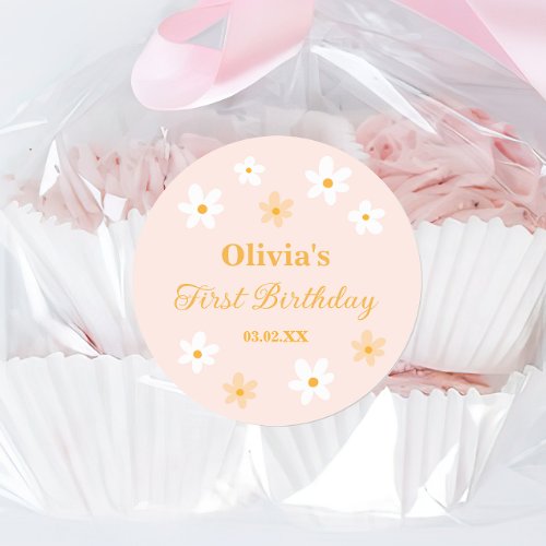 Cute Pink Yellow Daisy Birthday Favor Classic Round Sticker