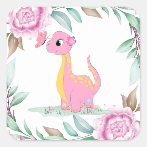 Cute Pink Yellow Dinosaur Butterfly Baby Shower Cl Square Sticker