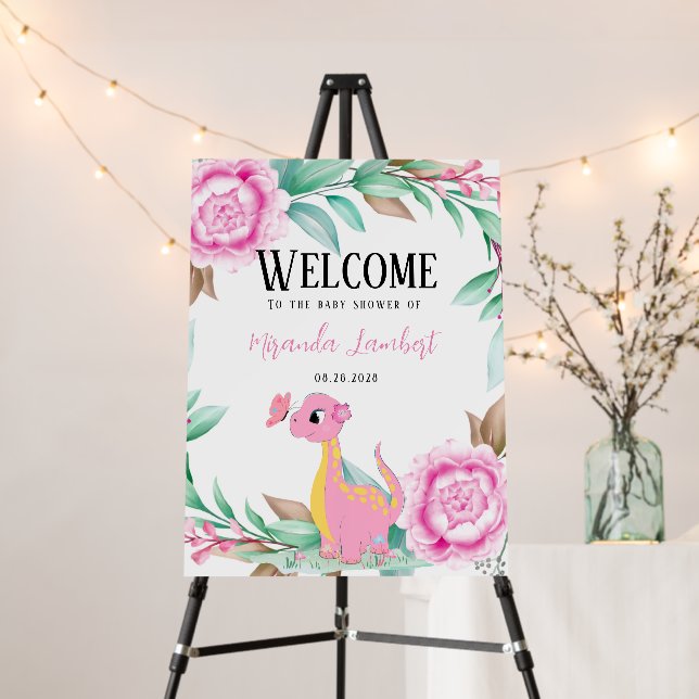 Cute Pink Yellow Dinosaur Butterfly Baby Shower Foam Board (In Situ (Stand))