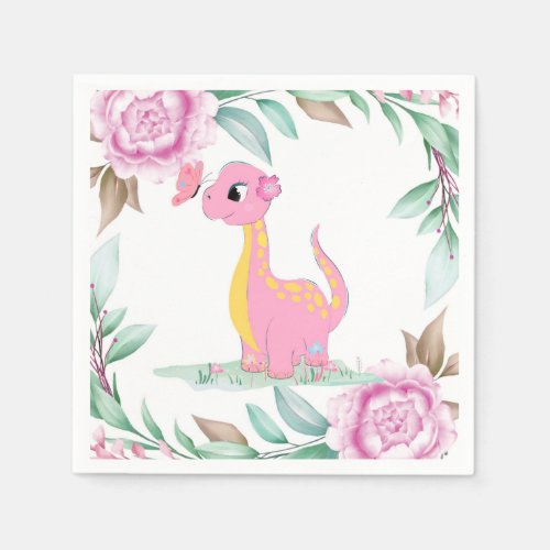 Cute Pink Yellow Dinosaur Butterfly Baby Shower Napkins