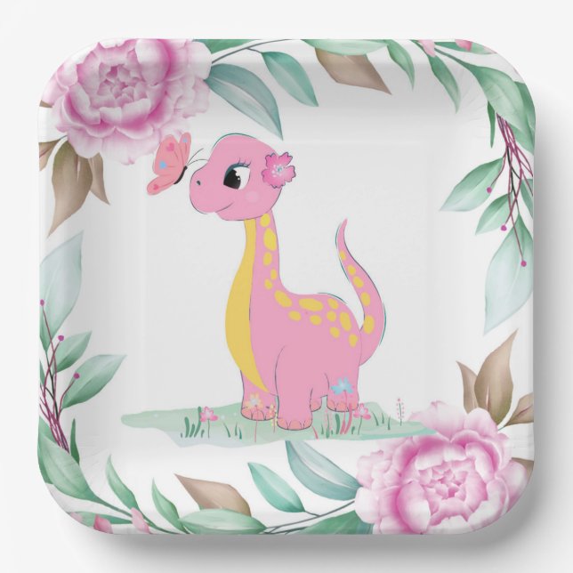 Cute Pink Yellow Dinosaur Butterfly Baby Shower Paper Plates (Front)
