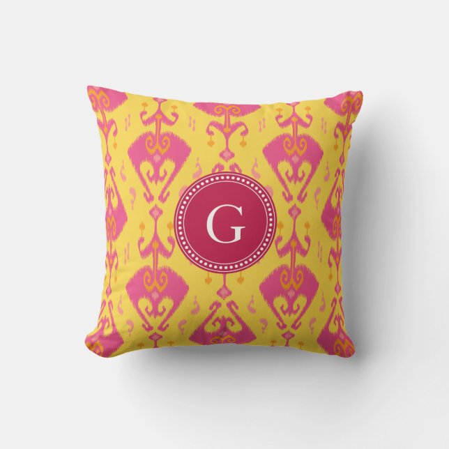 Cute pink yellow ikat tribal pattern monogram throw pillow (Front)