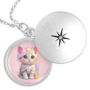 Cute Pink Yellow Kawaii Kitten Locket Necklace