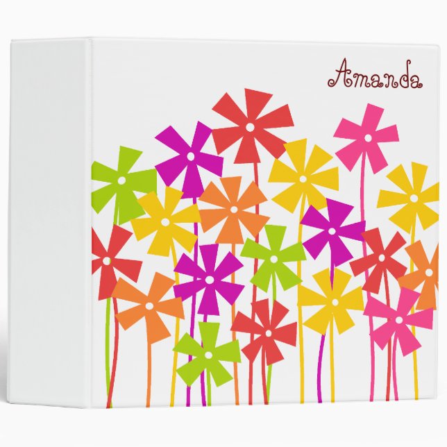 Cute pink yellow orange simple flower drawing name binder (Front/Spine)