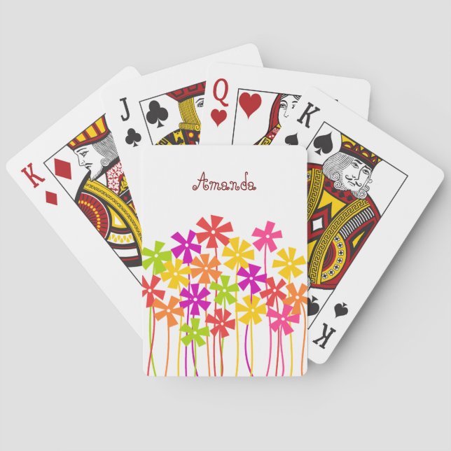 Cute pink yellow orange simple flower drawing name poker cards (Back)