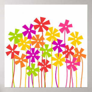 Cute pink yellow orange simple flowers drawing poster