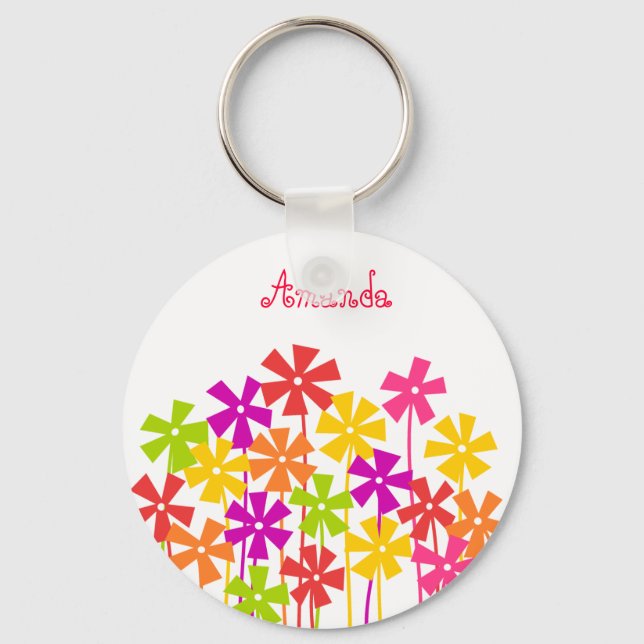 Cute pink yellow orange simple flowers name  keychain (Front)