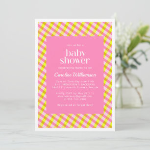 Cute Pink Yellow Plaid Pattern Baby Shower Invitation