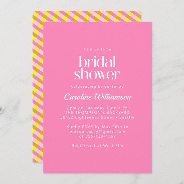 Cute Pink Yellow Plaid Pattern Bridal Shower Invitation (Front/Back)