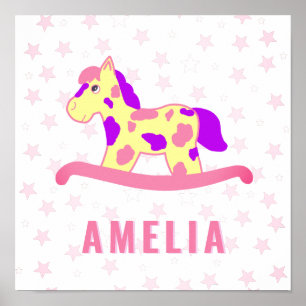 Cute Pink Yellow Rocking Horse Star Kids Name Poster