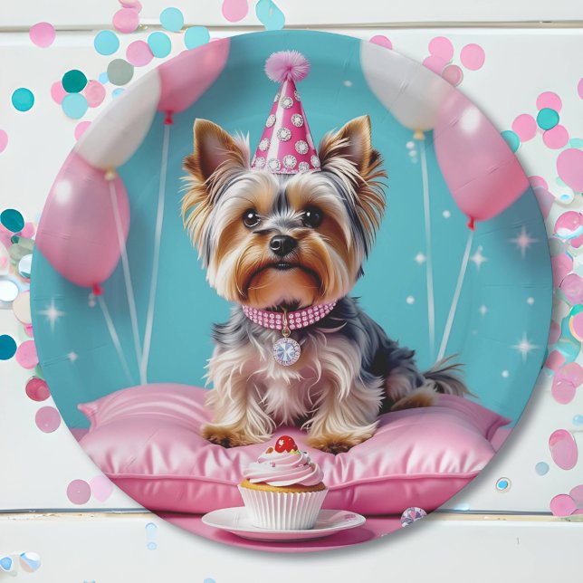 Cute Pink Yorkie Birthday Paper Plates (Creator Uploaded)