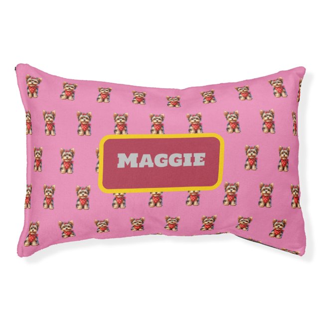 Cute Pink Yorkie Puppy Dog Pattern & Custom Name Pet Bed (Front)
