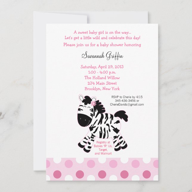 Cute Pink Zebra Baby Shower 5x7 Invitation (Front)